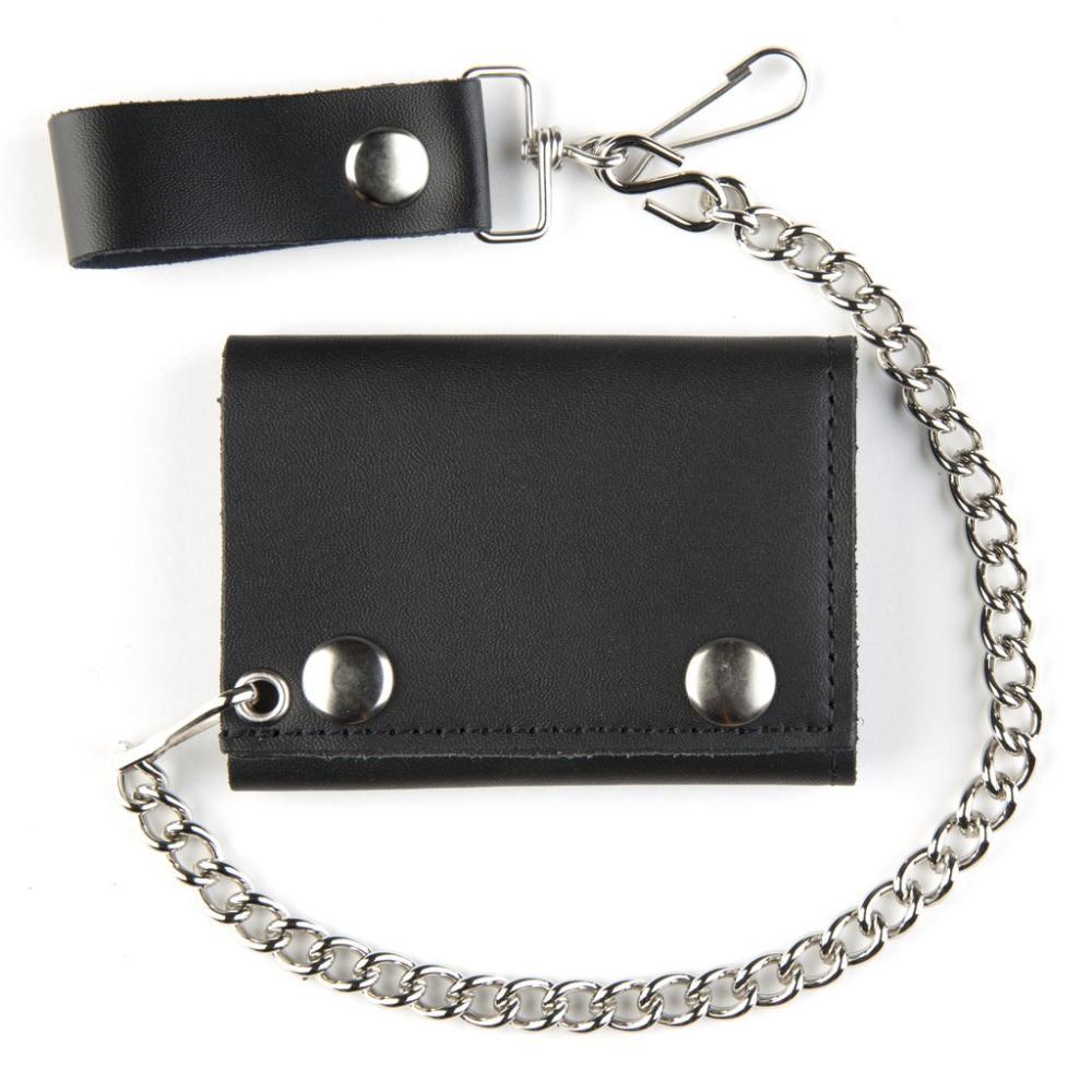 Black Leather Trifold Wallet With Chain