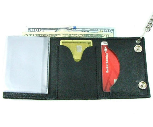 Black Leather Trifold Wallet With Chain